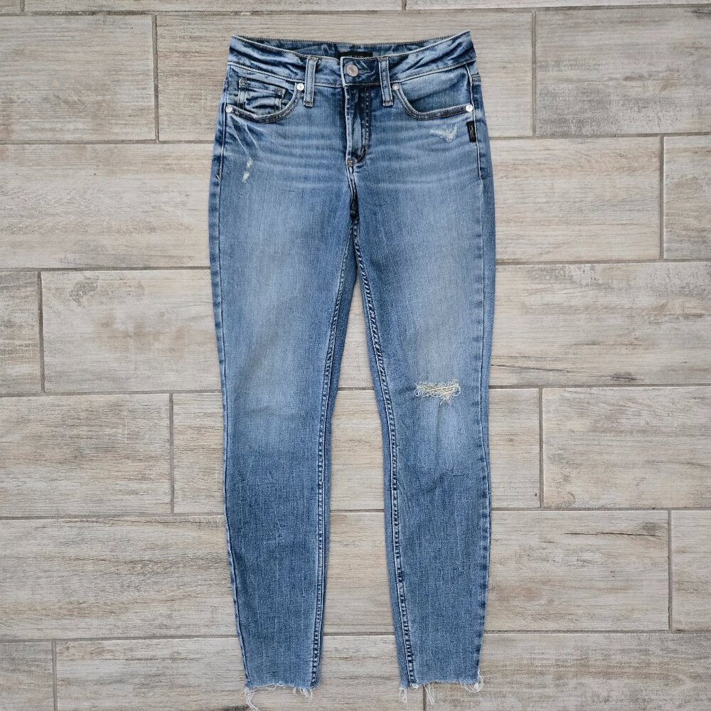 Silver Suki Skinny Jeans Women's Stretch Denim Slightly Distressed Raw Hem 26x29
